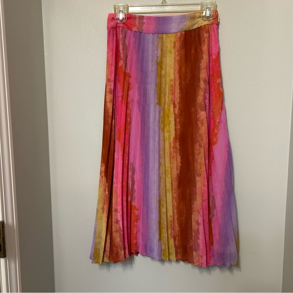 Nine West Womens Pleated Chiffon Rainbow Water Colored Tie Dye Midi Skirt Sz XS - Picture 1 of 9